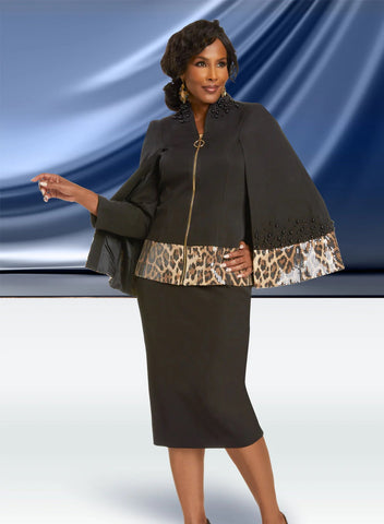 Donna Vinci 12041 black cape skirt suit