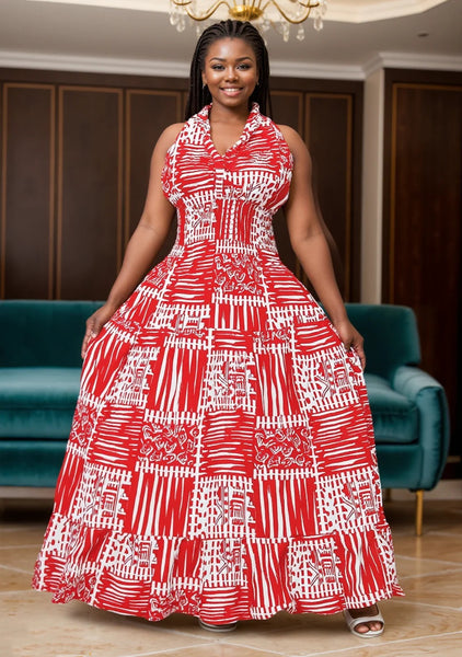 halter neck african print dress African Print Halter Dress Red Kente / One size
