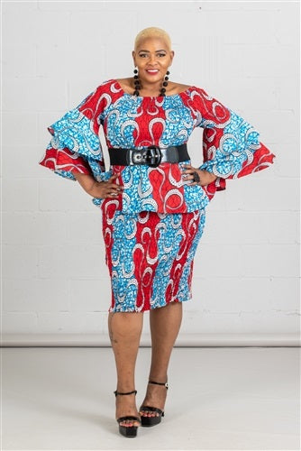 suit dresses African Print Smock Skirt Suit Blue/White / One Size