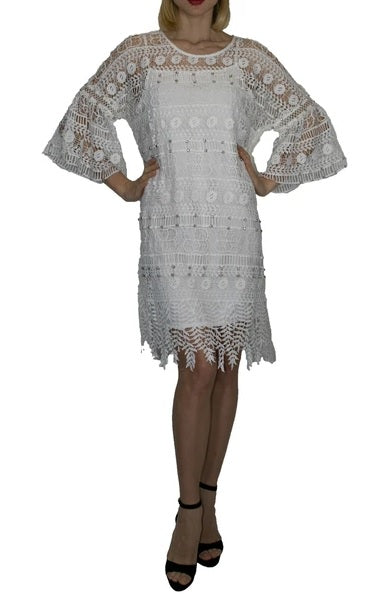 chinese dress ladies Eva Hand Beaded Pearl & Lace Mini Dress - White