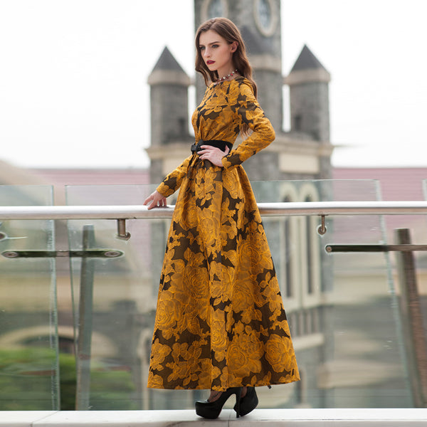 Long Sleeve Floral Jacquard Long Dress – Diva's Den Fashion, LLC