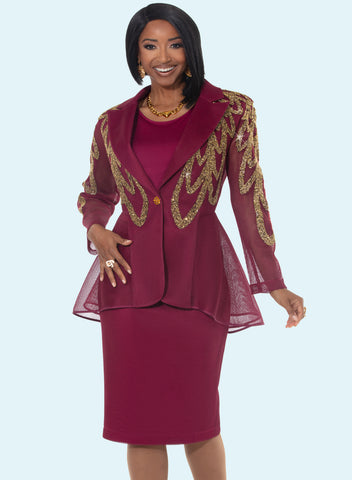 Donna Vinci 5865 burgundy mesh skirt suit