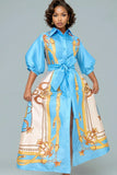 Blue Print Puff Sleeve Maxi Dress