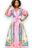 Pink Print Puff Sleeve Maxi Dress