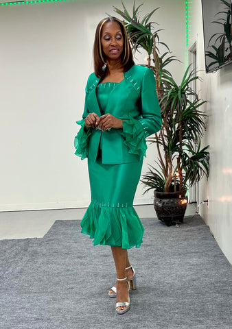 Serafina 3433 green skirt suit