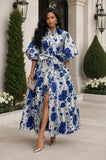 Silver Puff Sleeve Brocade Maxi Dress