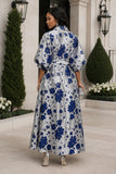 Puff Sleeve blue Brocade Maxi Dress