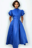 Blue Puff Sleeve Solid Maxi Dress