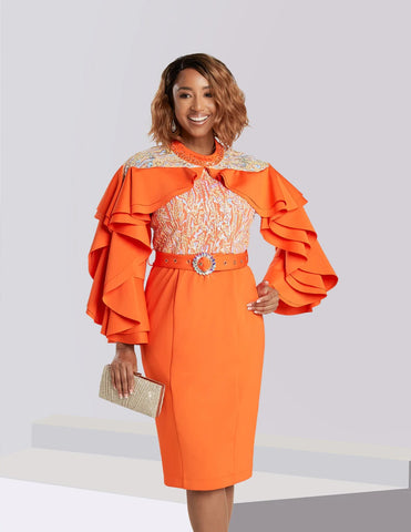 Donna Vinci 12105 ruffle shoulder orange dress