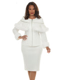 Donna Vinci 12306 off white fur trim skirt suit