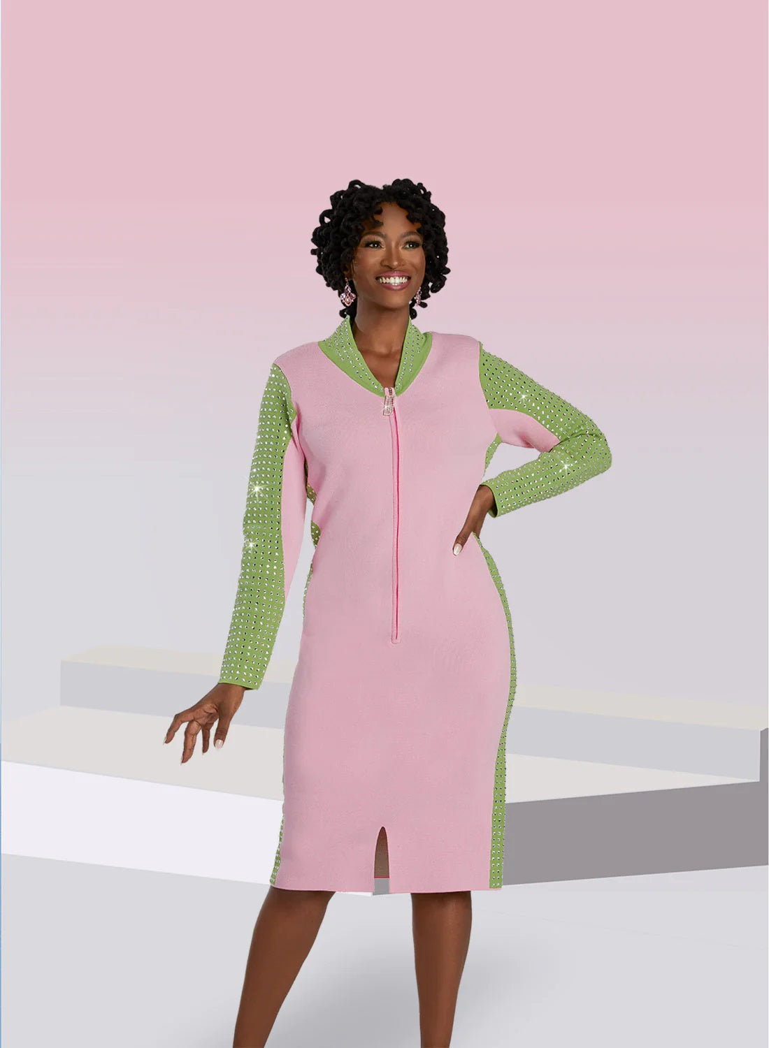 Fashion Pink And Green Knit Dress Women's Striped Knit Dress Long