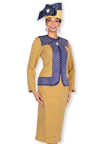 Elite Champagne 5984 mustard knit skirt suit