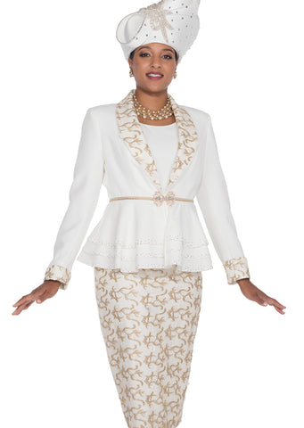 Elite Champagne 6007 white brocade skirt suit