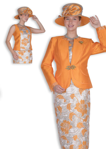 Elite Champagne 6355 orange brocade skirt suit