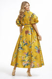 Floral Puff Sleeve Yellow Maxi Dress