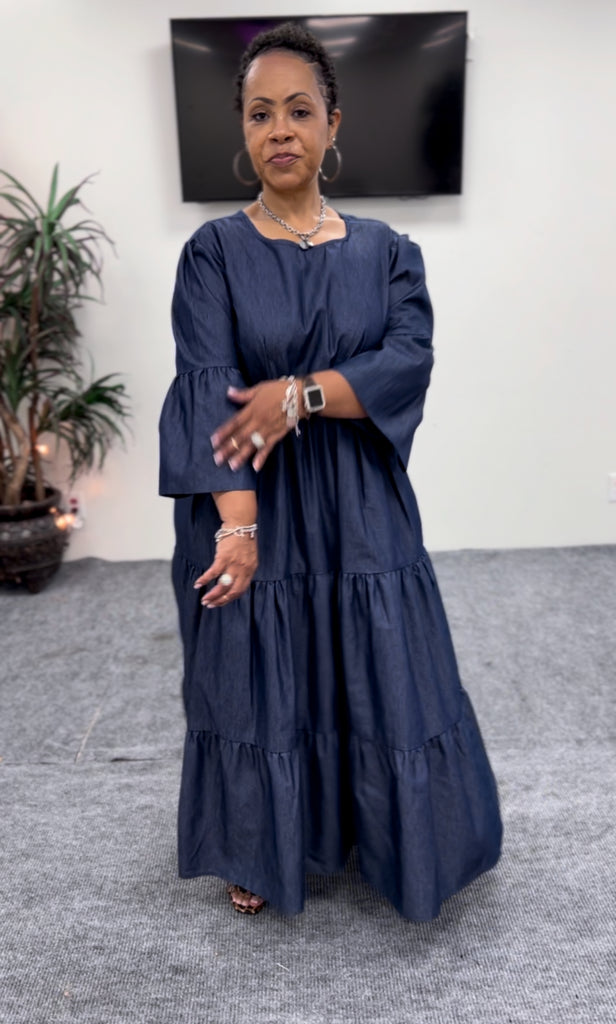 denim full dress for women Navy Blue Denim Maxi Shirt Dress,Long Button Down Dress with Pockets and Collar,Casual Elegant Long Sleeve Dress,Long Denim Maxi Dress
