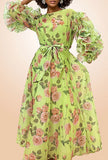 Green Floral Ruffle Sleeve Dress