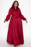 Burgundy Bow Lantern Sleeve Maxi Dress