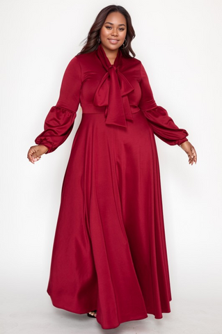 Burgundy Bow Lantern Sleeve Maxi Dress