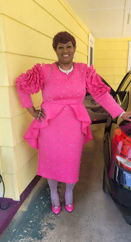 Dorinda Clark 4711 pink pearl embellished scuba dress