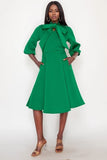 Green Bow Tie Solid Midi Dress