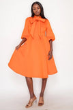 Orange Bow Tie Solid Midi Dress