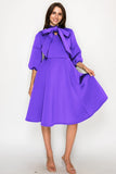 Purple Bow Tie Solid Midi Dress
