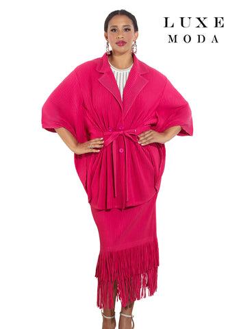 Luxe Moda 482 fuchsia pink fringe skirt suit