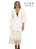 Luxe Moda 482 off white fringe skirt suit