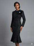 Lily & Taylor 5226 black tweed midi dress