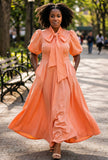 Peach Solid Long Puff Sleeve Dress