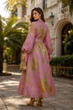 Pink Brocade Puff Sleeve Maxi Dress