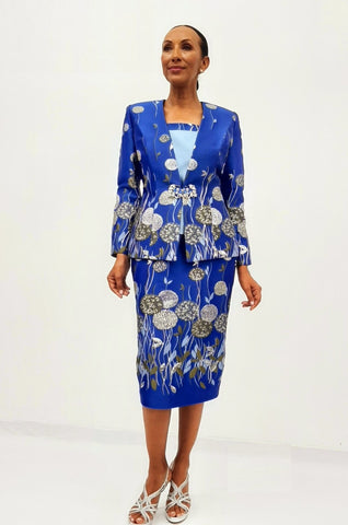 Serafina 4104 royal blue brocade skirt suit
