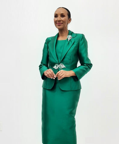 Serafina 4114 emerald green skirt suit