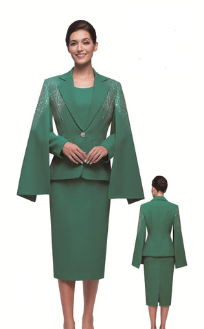 Serafina 4384 green knit capelet skirt suit