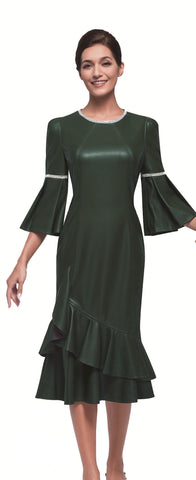 Serafina 6433 bell sleeve green leather dress
