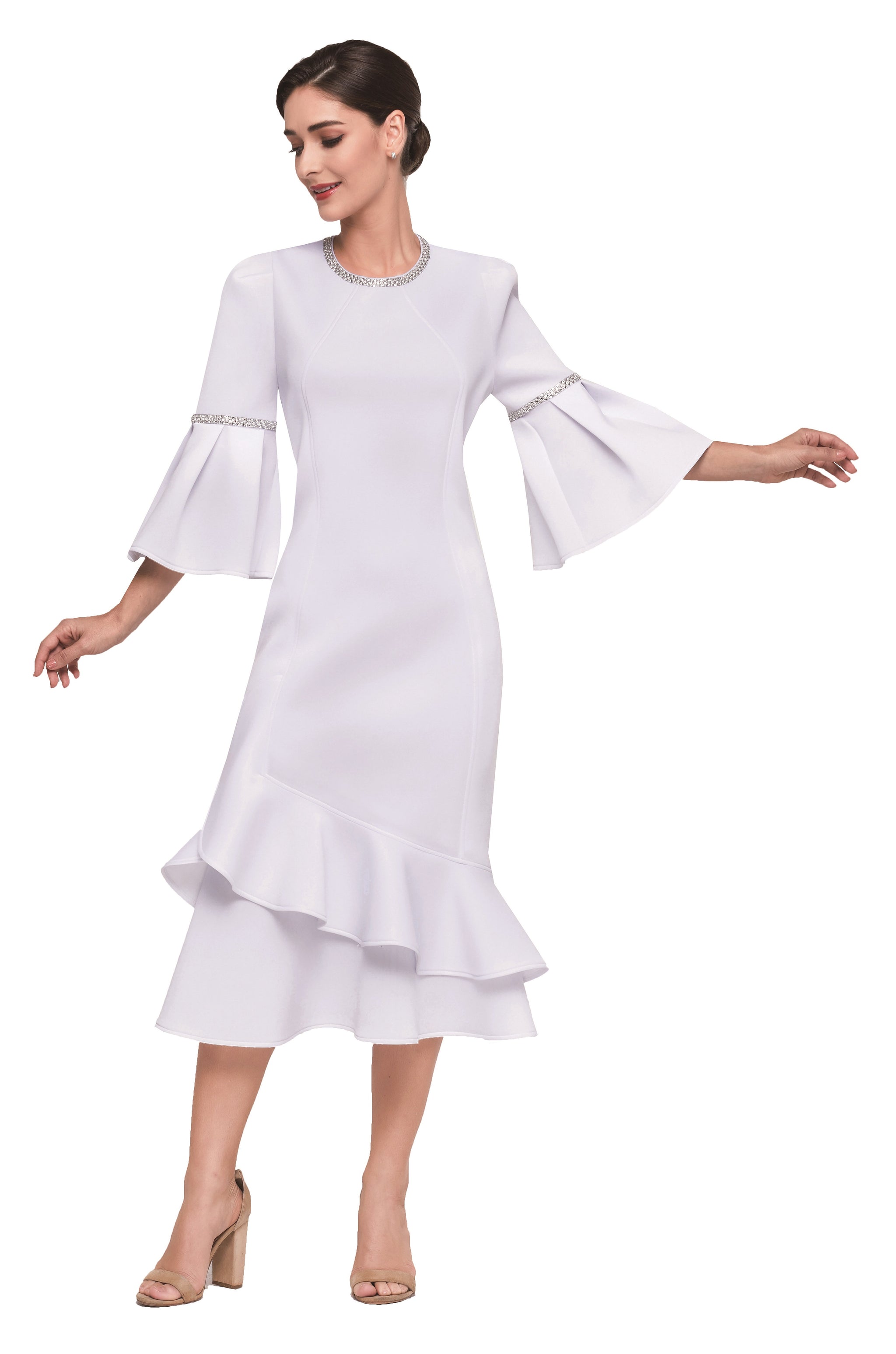 flare sleeve scuba dress white Serafina 6433 – Diva's Den Fashion, LLC