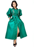 Green Solid Puff Sleeve Maxi Dress
