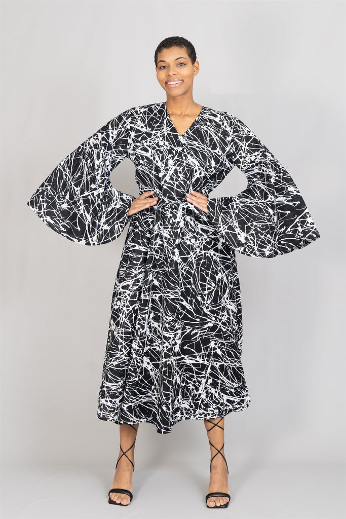 black and white african print dress Queen Nalae High neck Asymmetrical Bodice Sleeveless Women's Flare Mini Dress in Brown Black and White African Ankara Kente