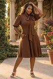 Brown Puff Sleeve Solid Midi Dress