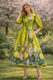 Green Bouquet Puff Sleeve Dress