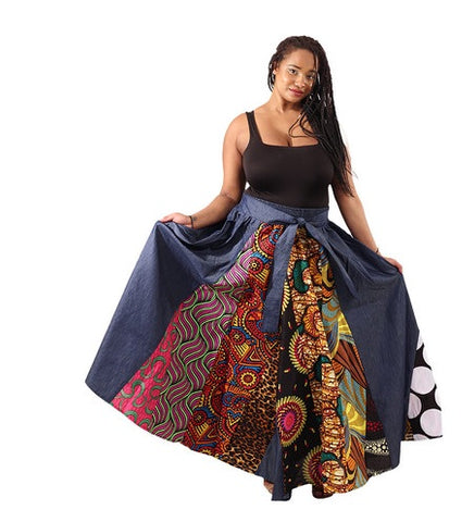 African Print Denim Maxi Skirt