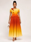 Orange Ombre Pleated Skirt Set