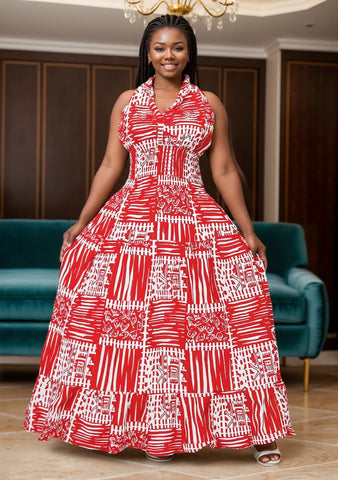 Red African Print Halter Dress