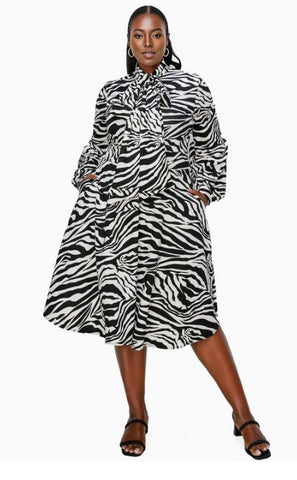Puff Sleeve zebra Print Midi Dress