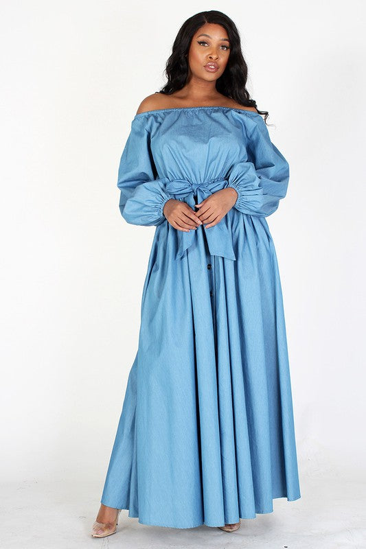 Puff Sleeve Denim Maxi Dress L / Blue