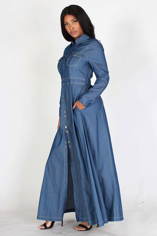 A Line Denim Maxi Dress Diva's Den Fashion, LLC A Line Denim Maxi Dress Diva's Den Fashion, LLC
