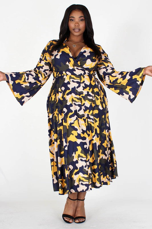 fitted lace wedding dress Bell Sleeve Wrap Camouflage Dress – Diva's Den Fashion, LLC