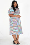Bubble Sleeve Stripe Midi Dress