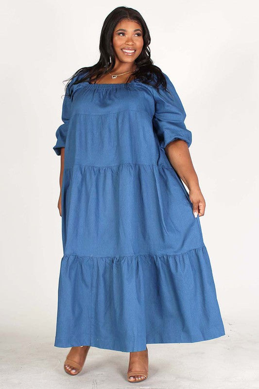 chinese dress ladies Oversized Denim Maxi Dress 1x / Blue
